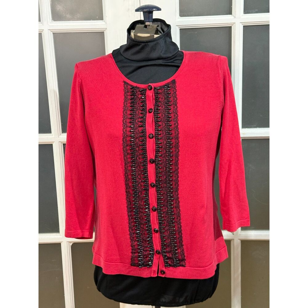 August Silk Red Button Front Cardigan Sweater Lace Beaded Trim Large